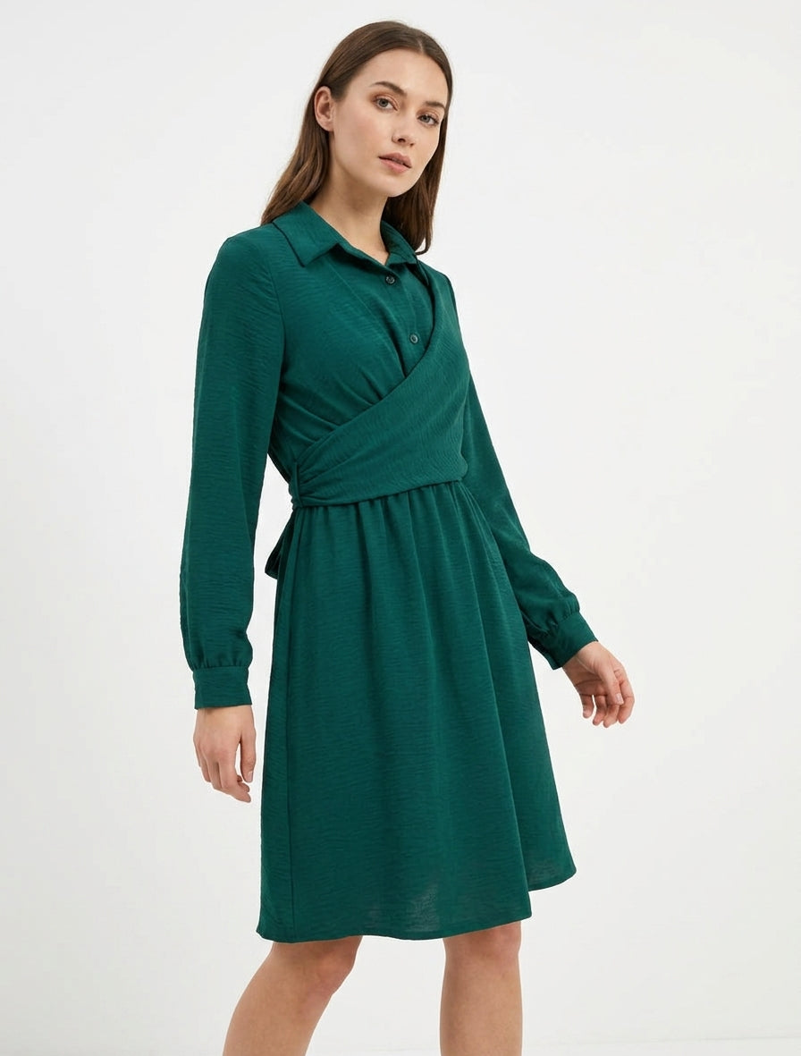 Robe chemise taille élastiquée - Vert foncé