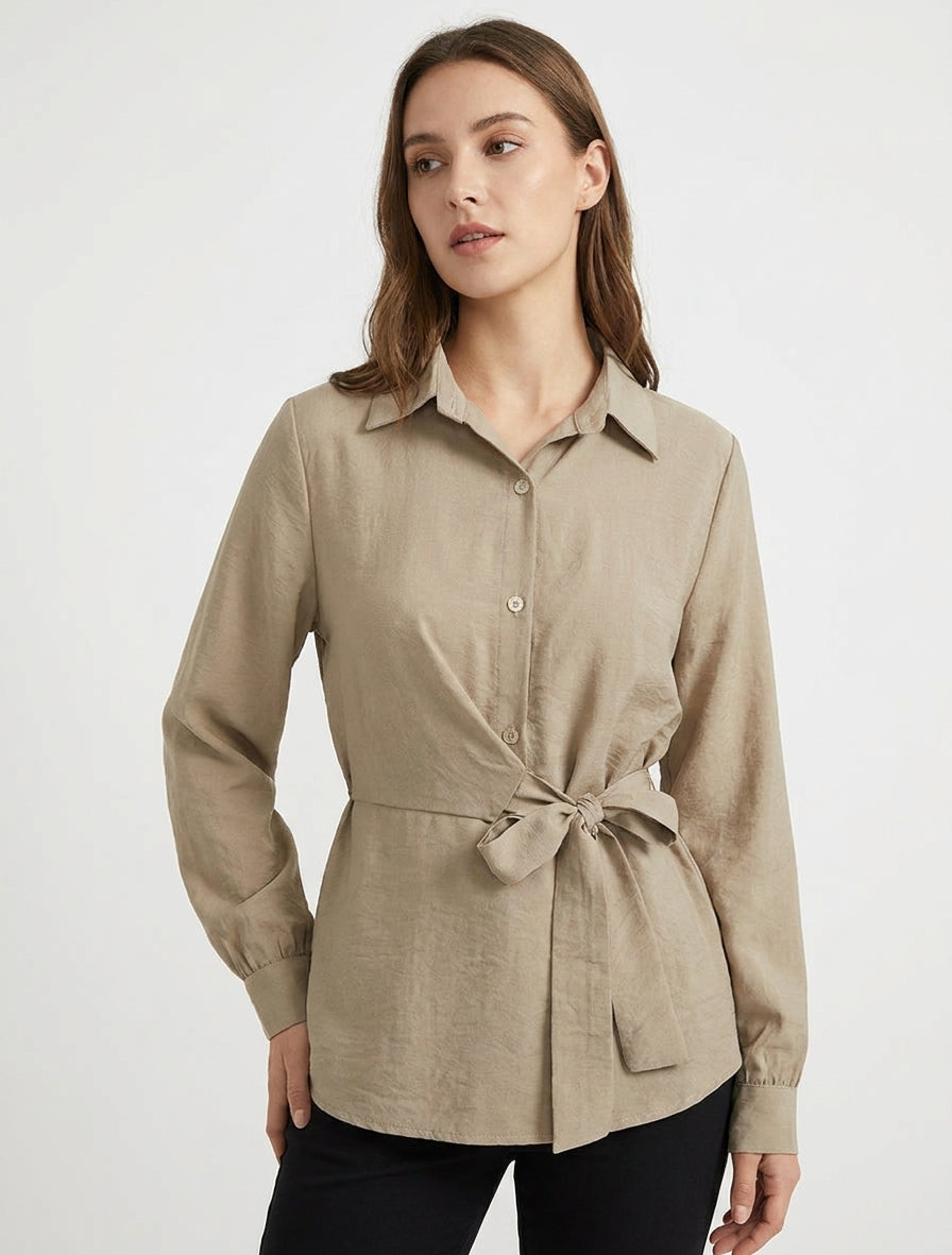 Top chemise cintré à nouer - Beige