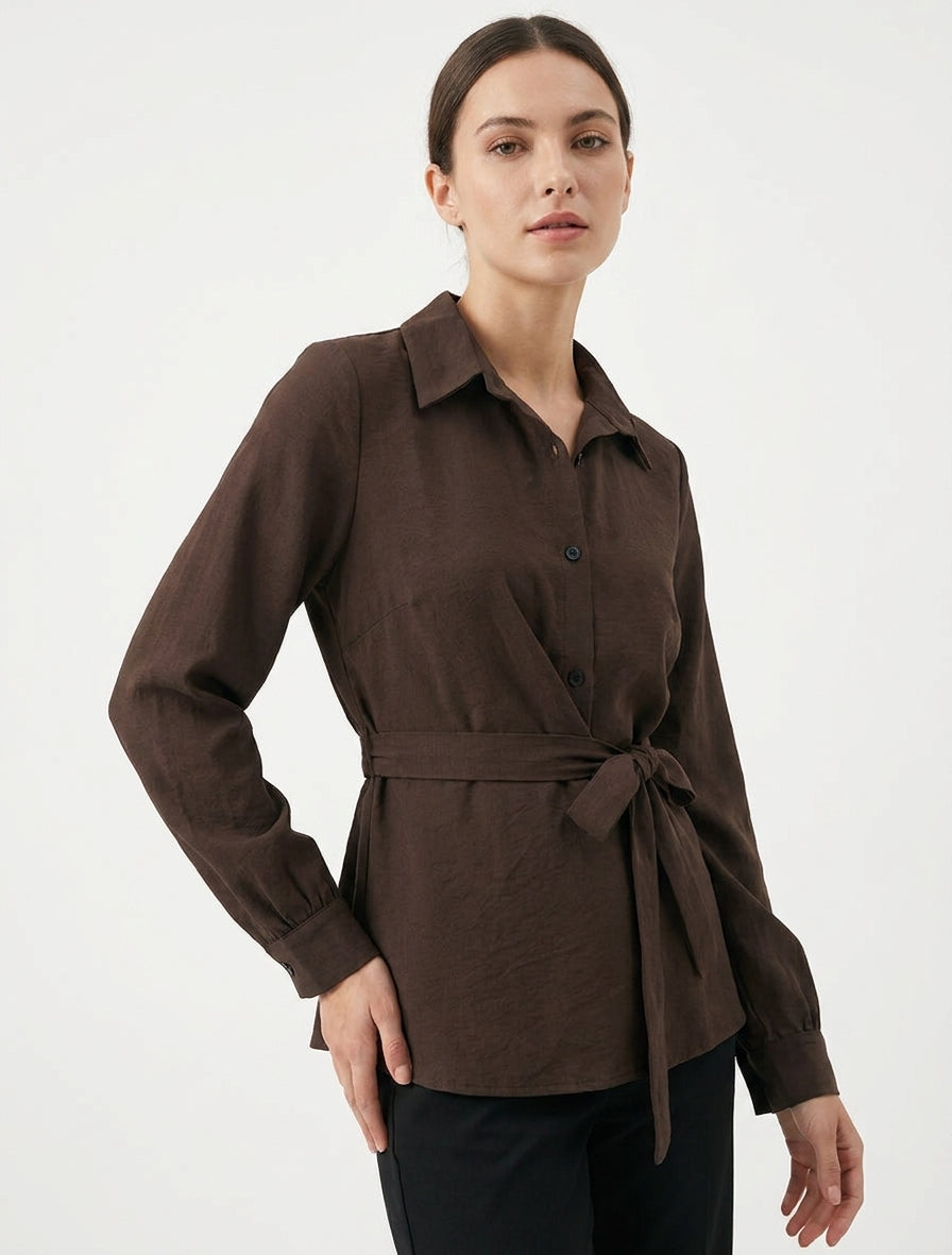 Top chemise cintré à nouer - Marron
