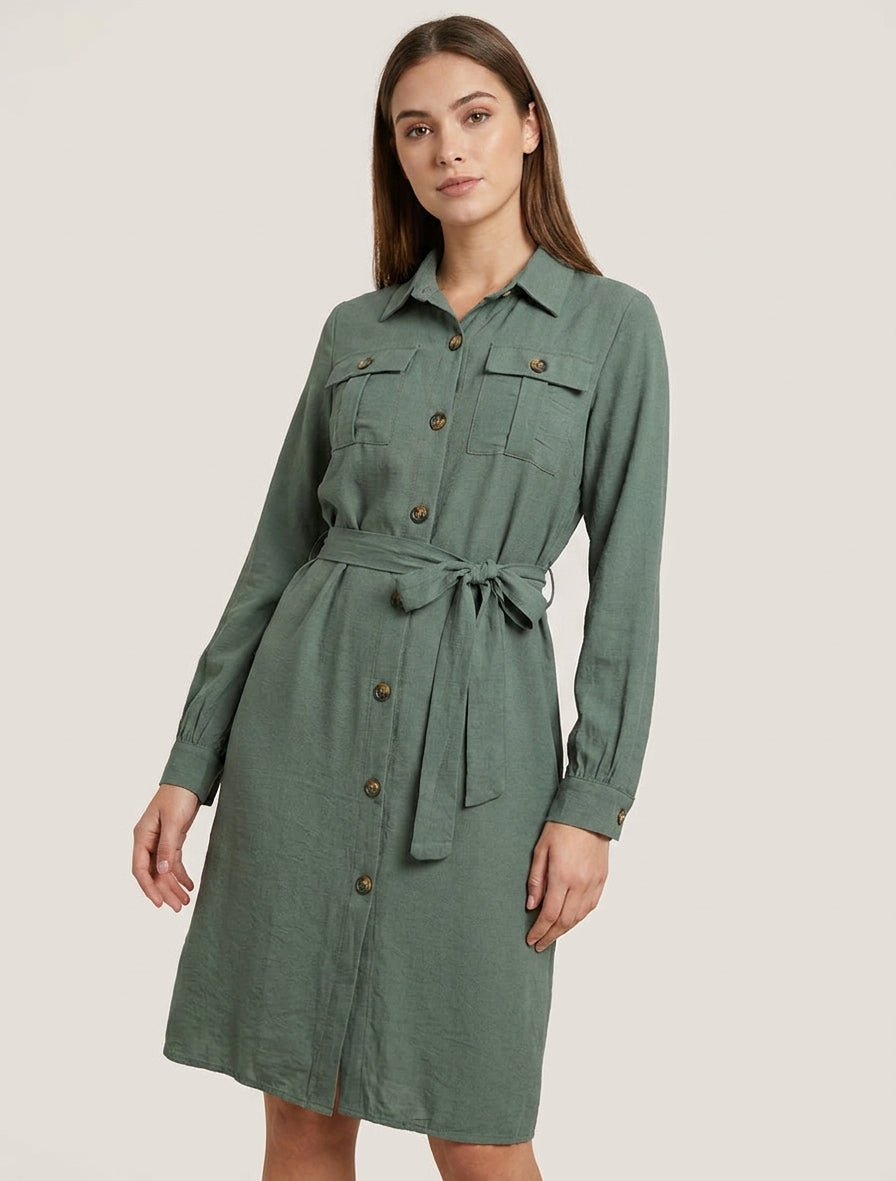 Robe chemise ceinturée à poches - Kaki