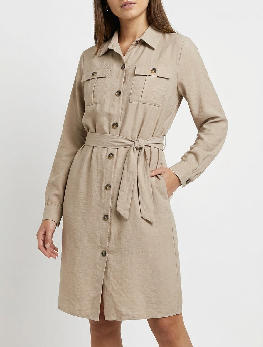Robe chemise à ceinture - Beige
