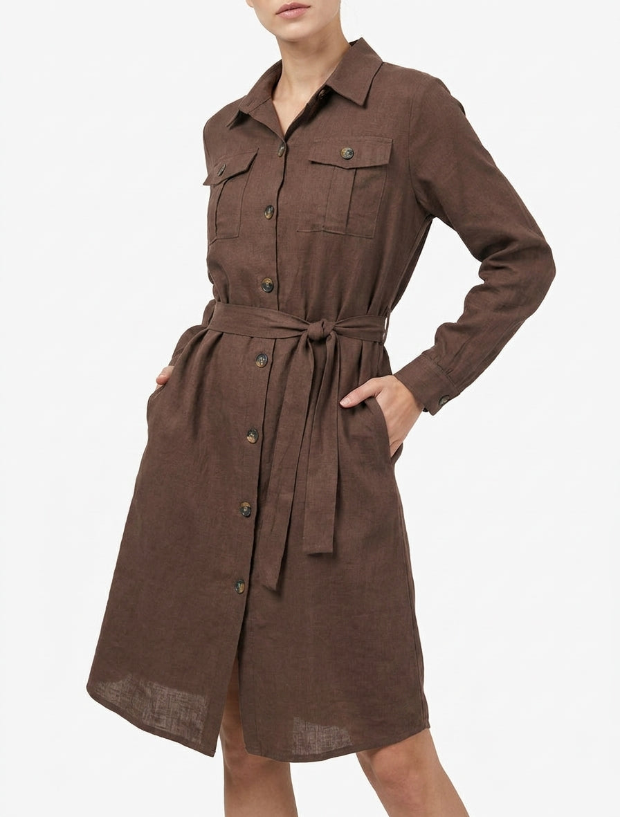 Robe chemise col à pied ceinturée - Marron