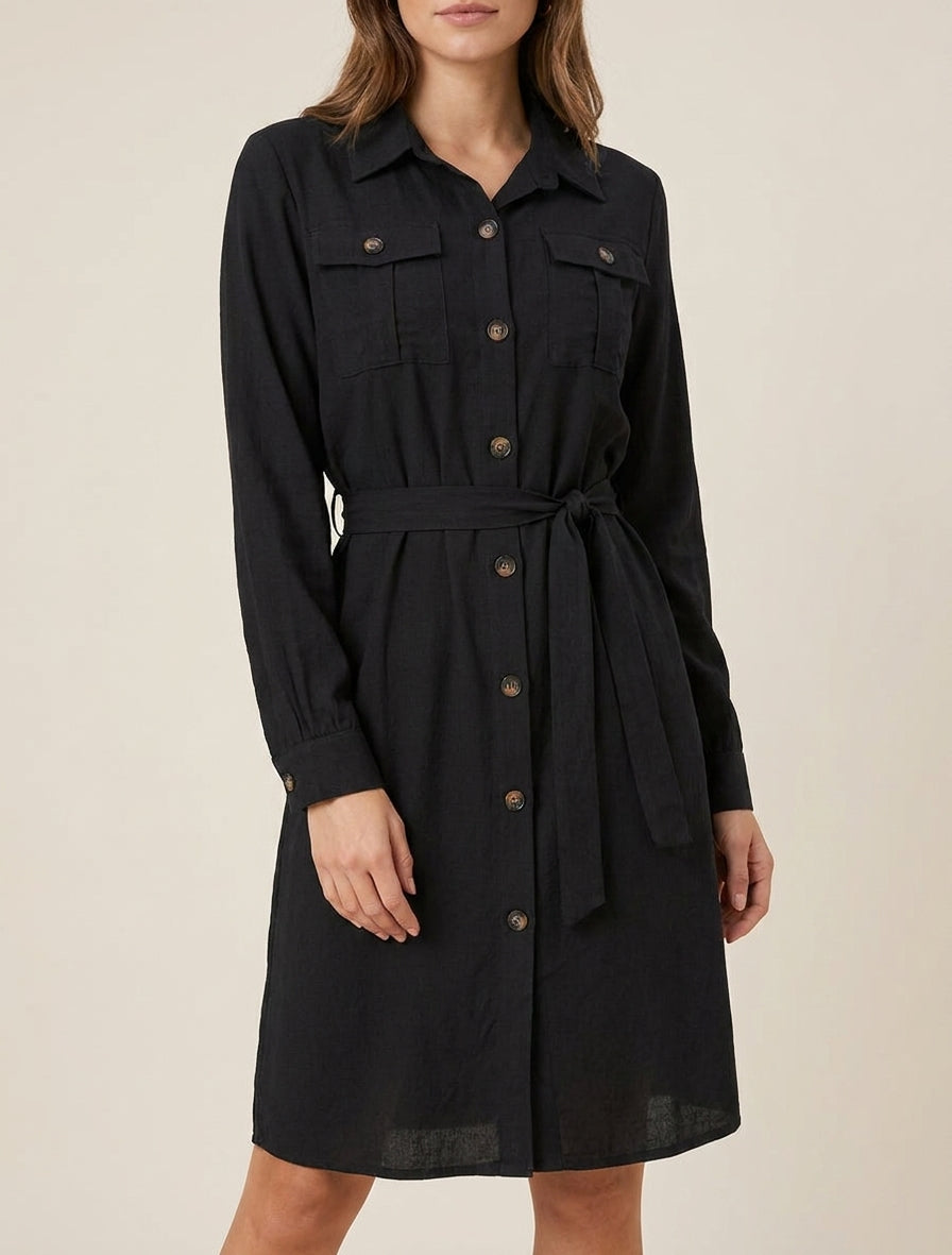 Robe chemise à ceinture nouée - Noir