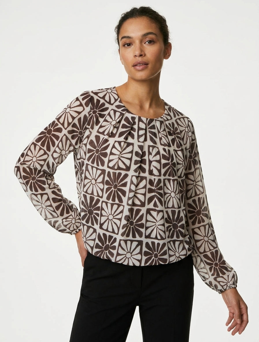 Top boule col plissé imprimé marguerites - Marron