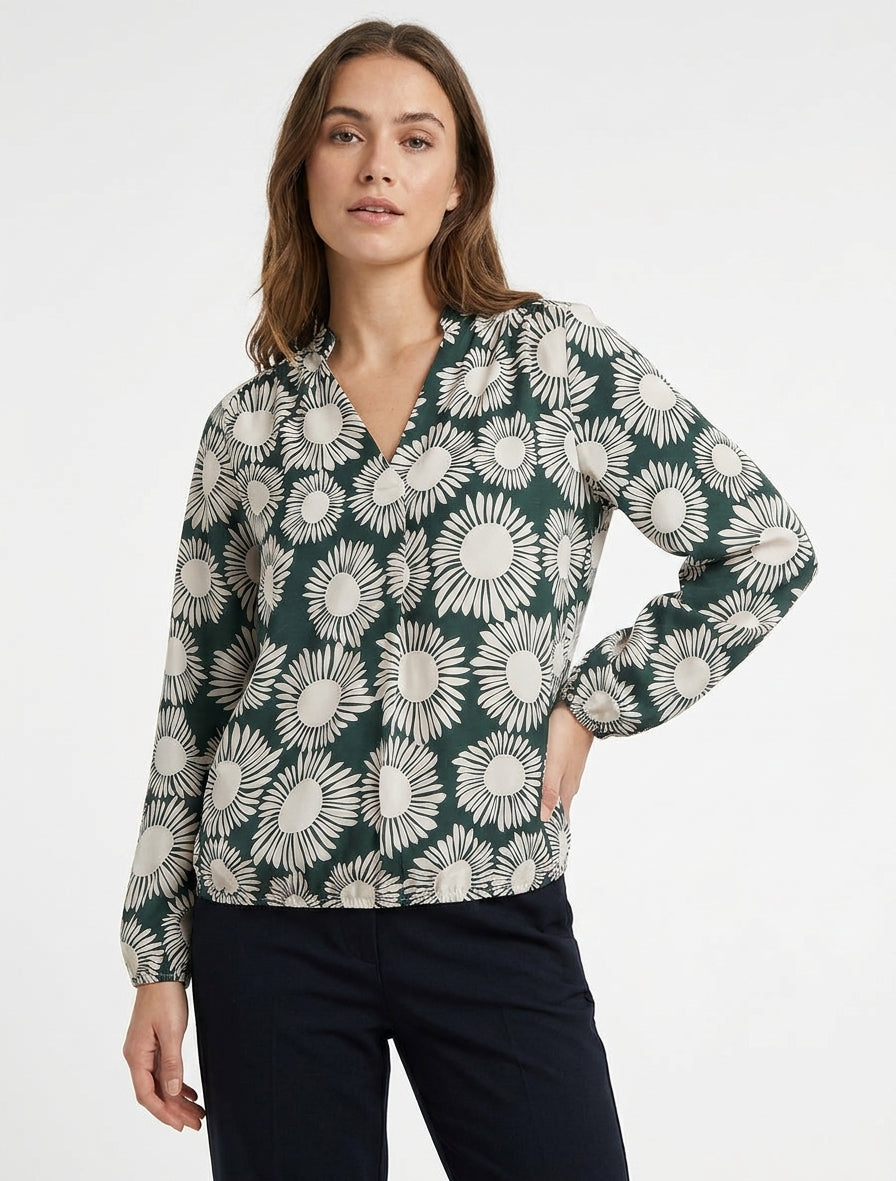 Blouse fluide col V imprimé fleurs - Vert sapin