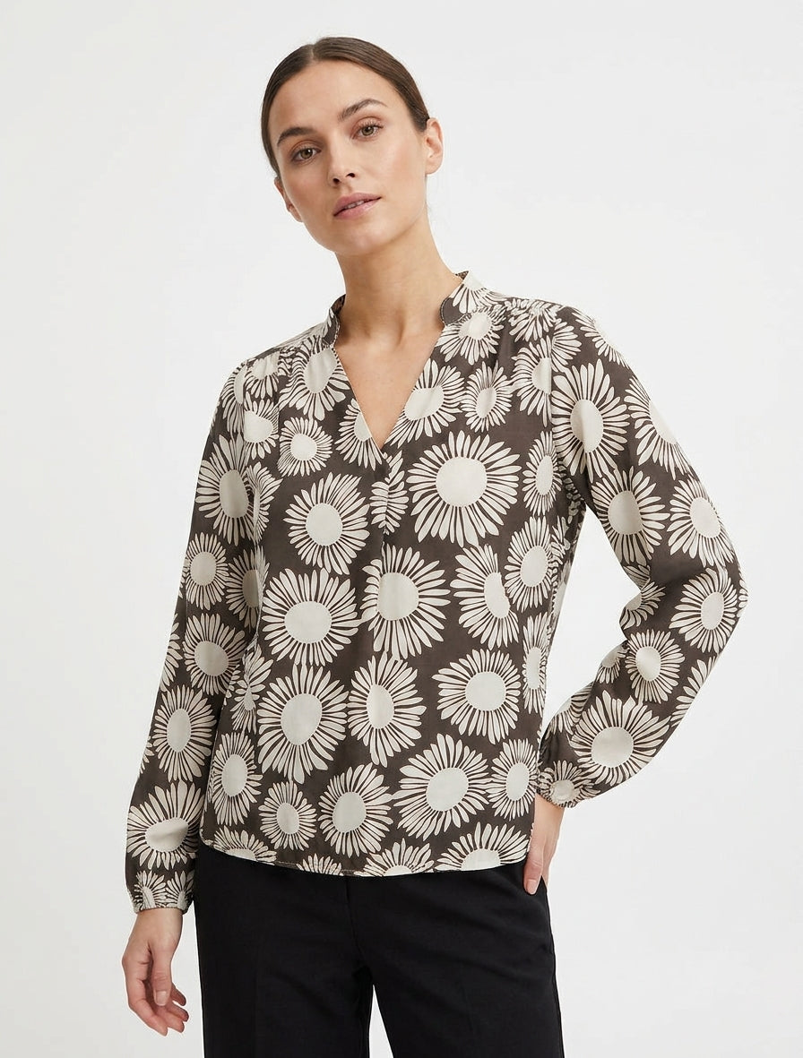 Blouse fluide col V à imprimé fleurs - Marron