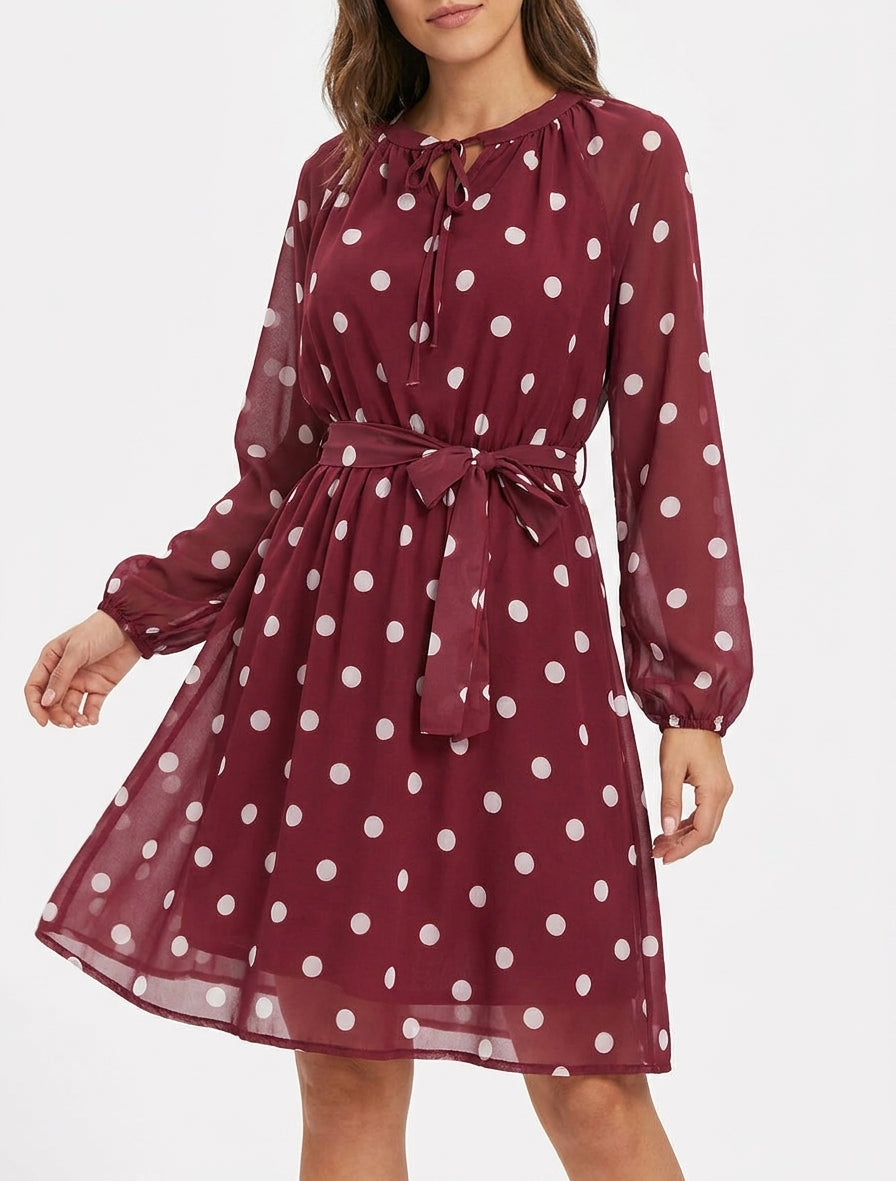 Robe fluide à pois col noué - Bordeaux