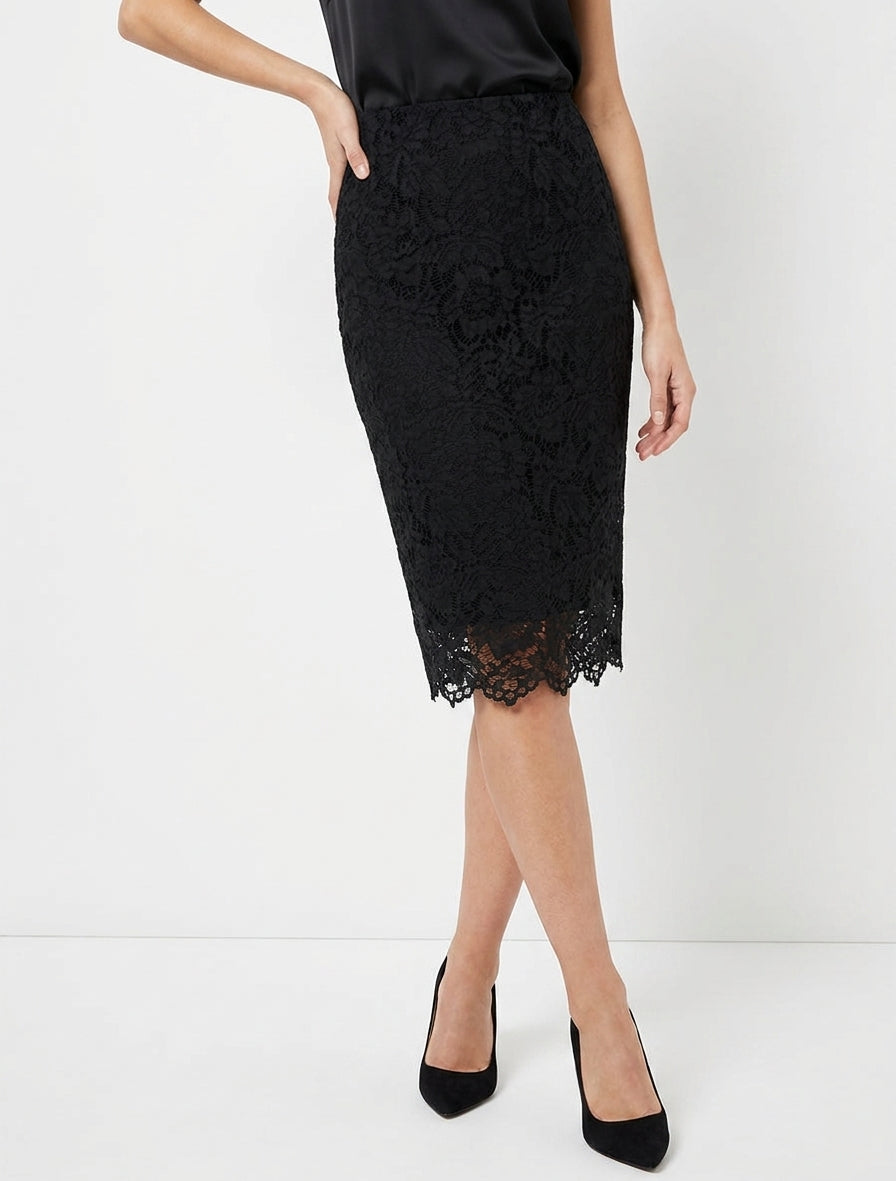 Jupe crayon en dentelle doublée - Noir