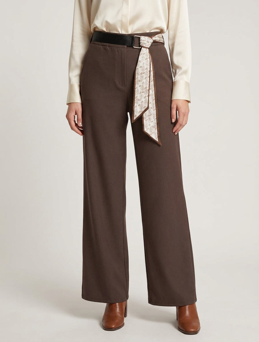 Pantalon fluide taille haute élastiquée - Marron
