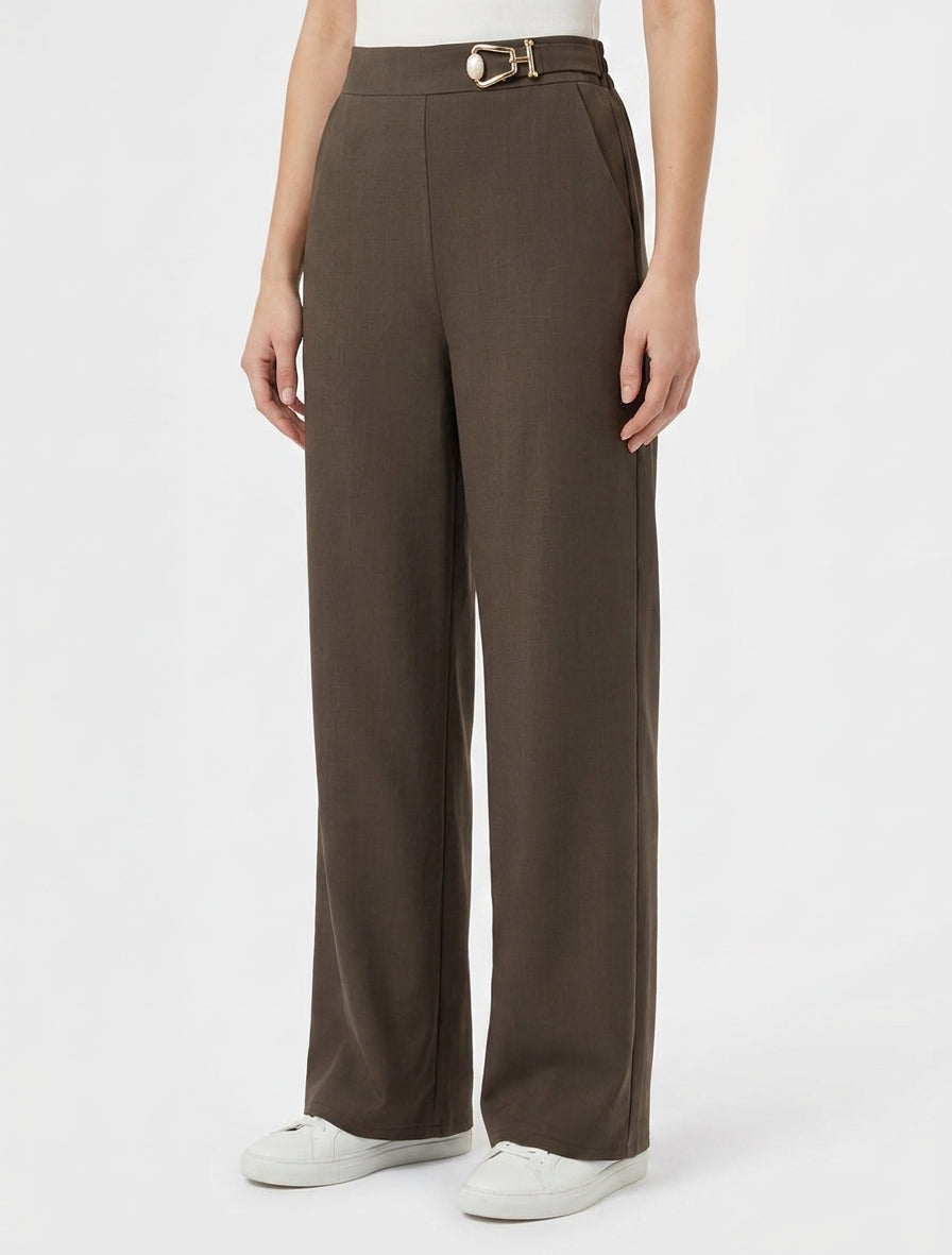 Pantalon fluide taille haute à bijou - Marron