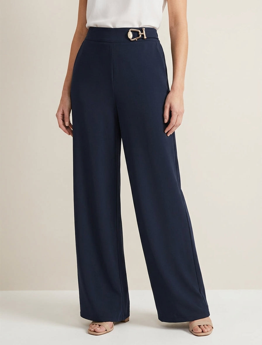 Pantalon fluide taille haute à bijou - Marine