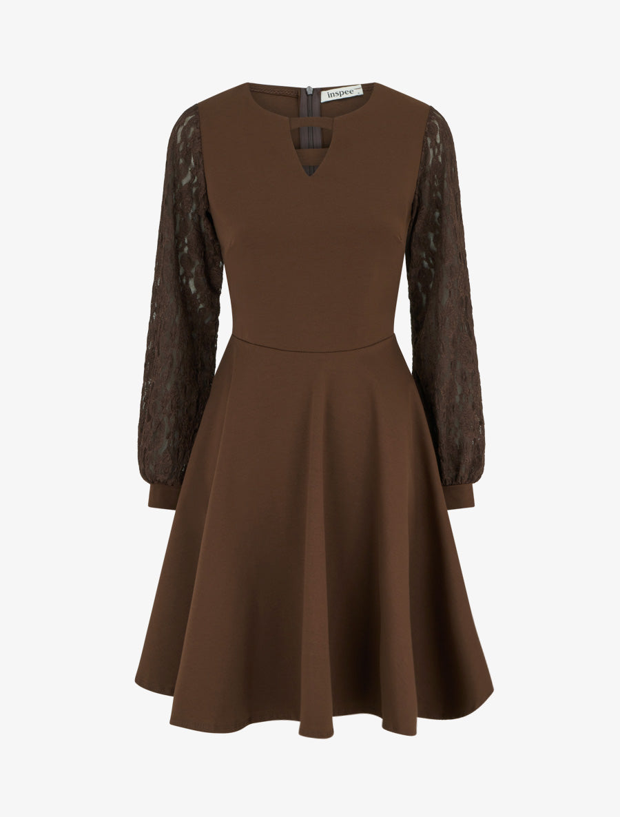 Robe patineuse à manches longues en dentelle - Marron - 1