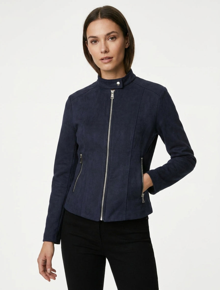 Veste cintrée en suédine zippée - Marine