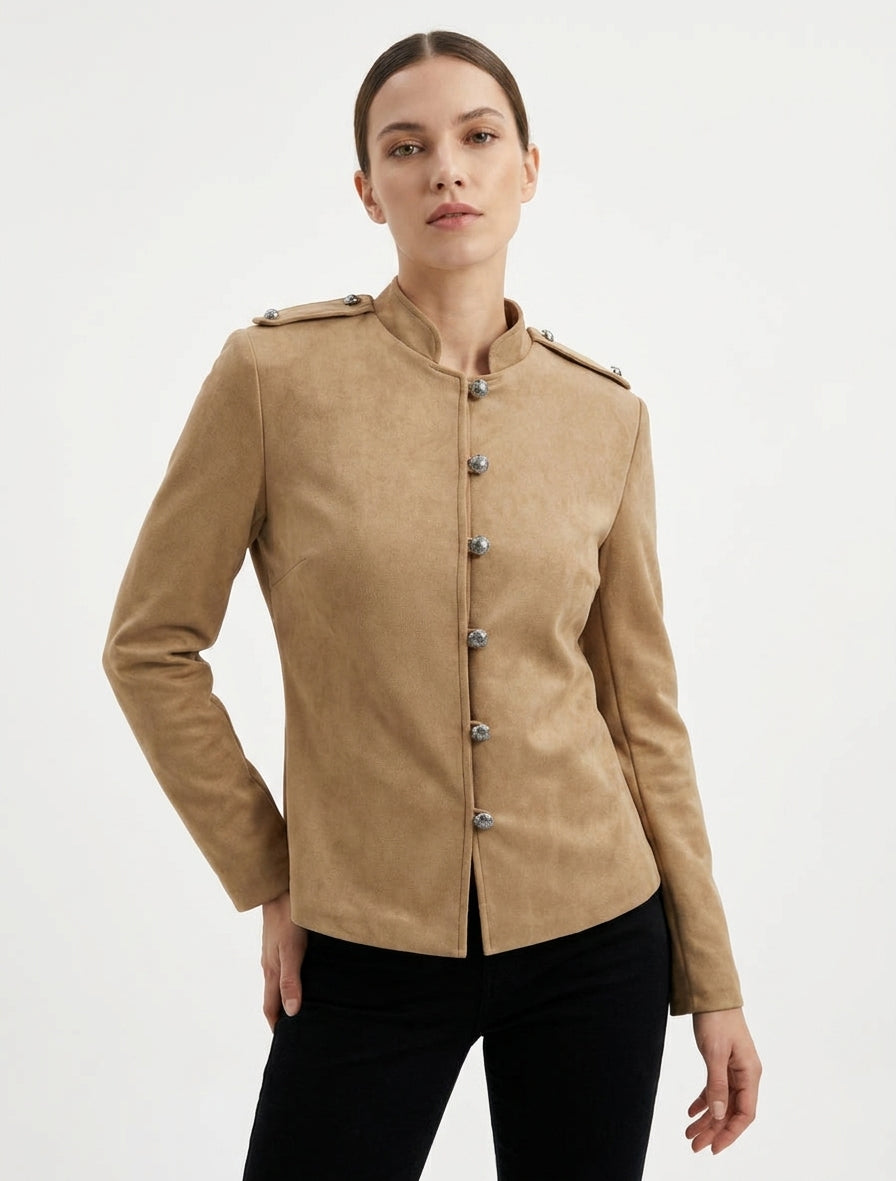 Veste suédine col mao à épaulettes - Beige
