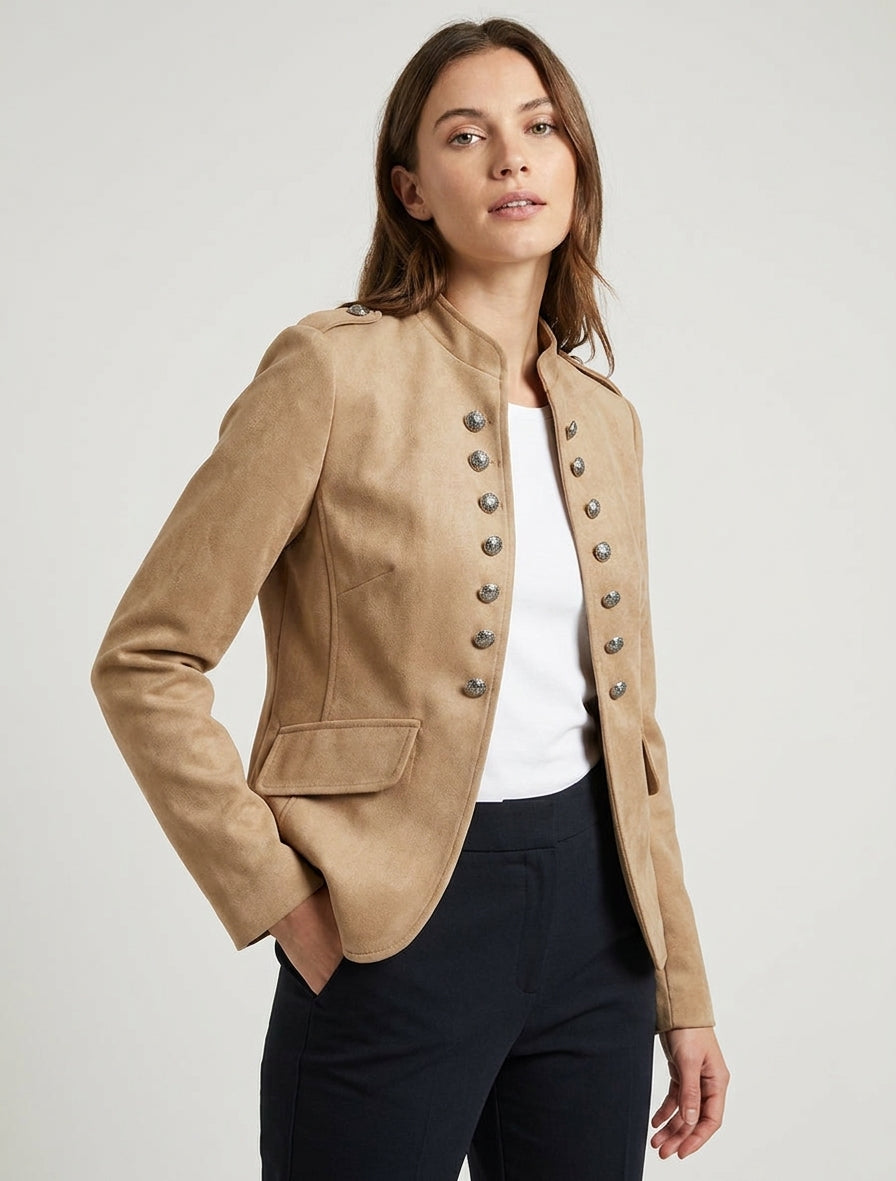 Veste suédine col montant officier - Beige