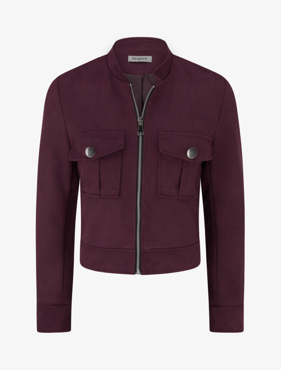 Veste en suédine col montant zippée - Lie de vin