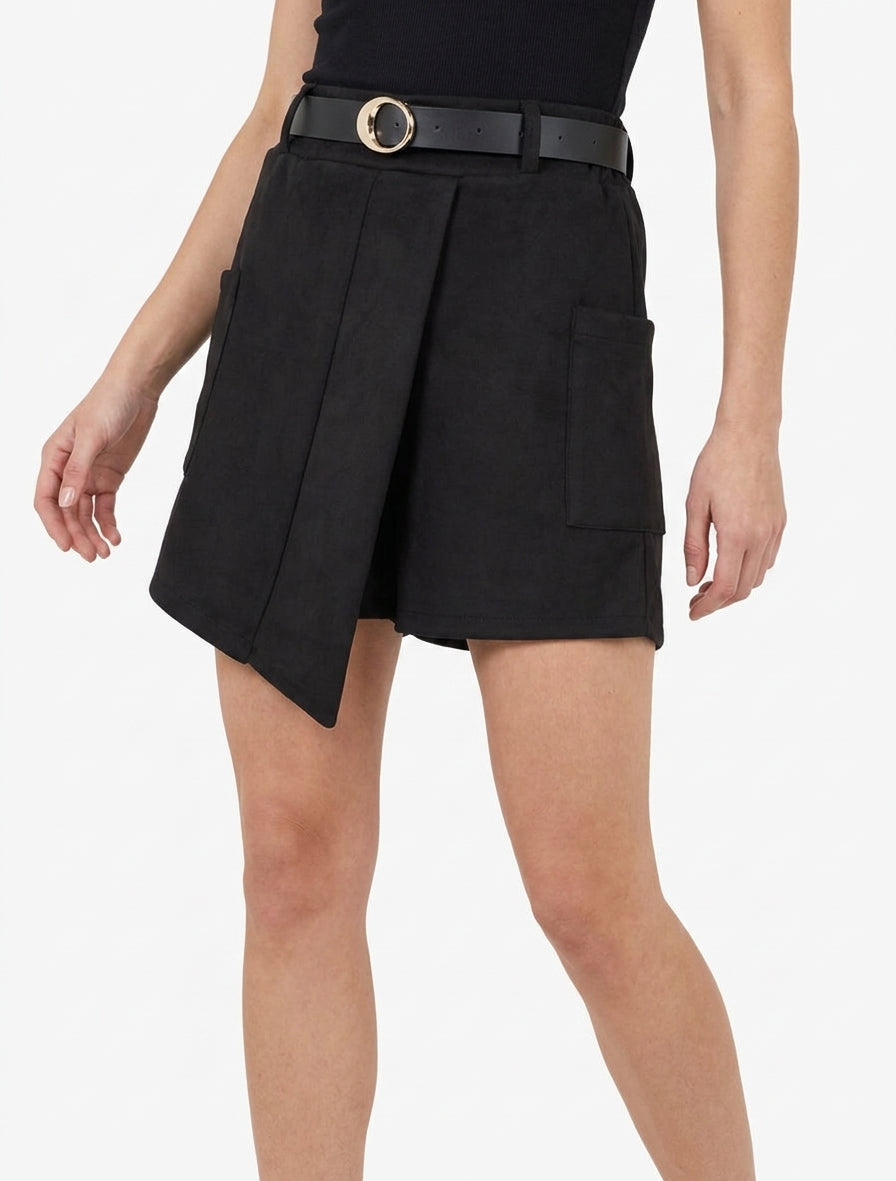 Short suédine style portefeuille avec ceinture - Noir