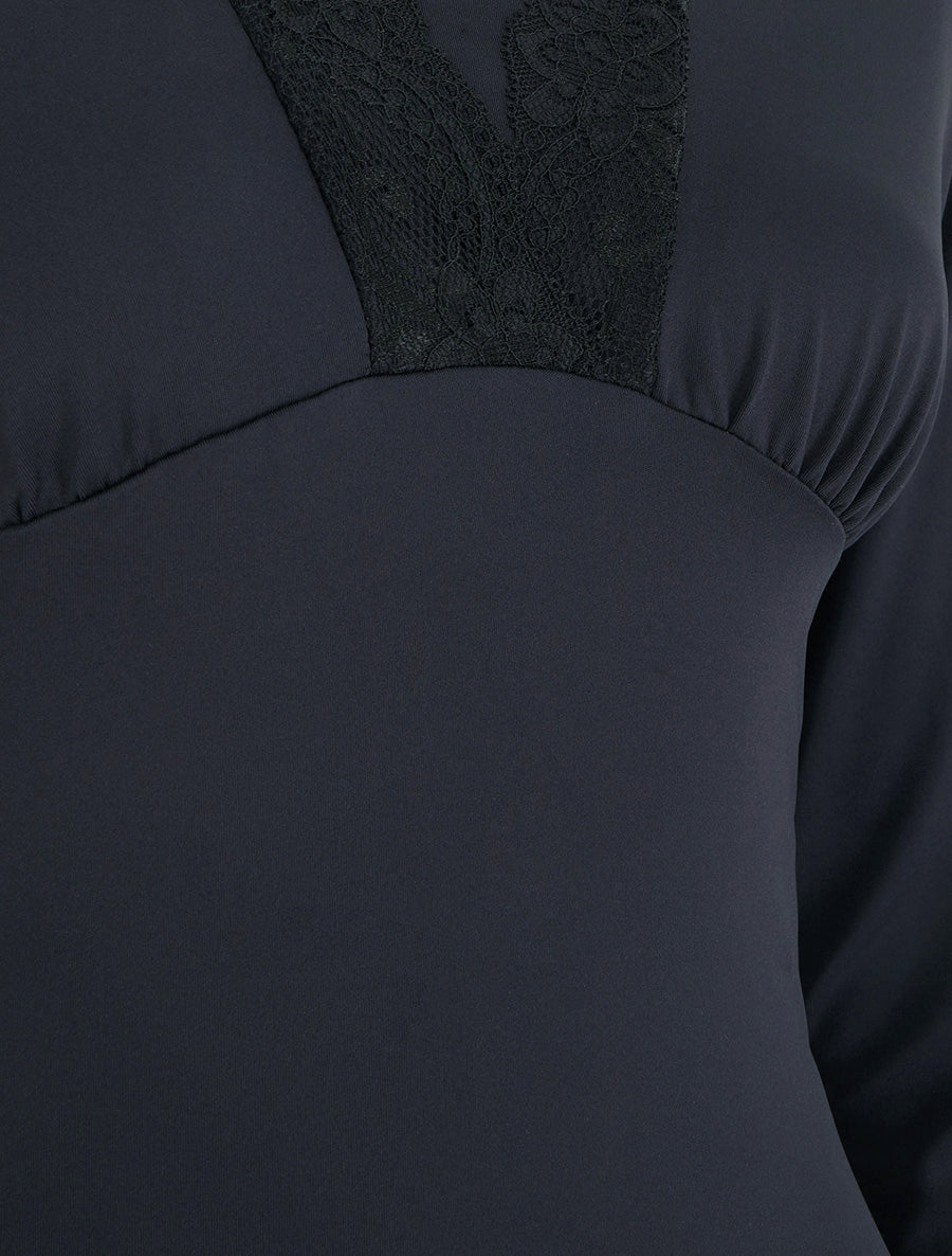 Body manches longues à col V en dentelle - Bleu nuit - 3