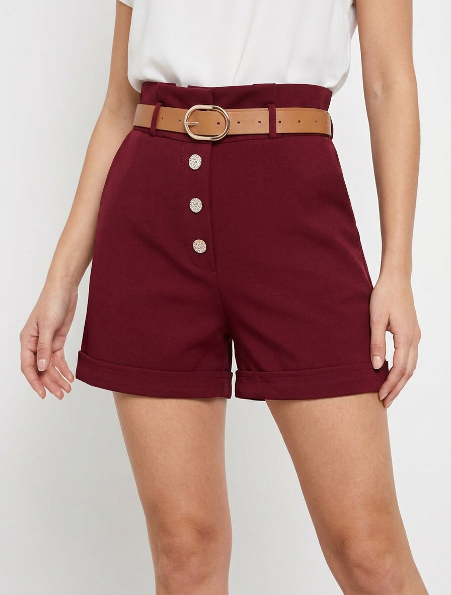 Short paperbag taille haute avec ceinture - Bordeaux