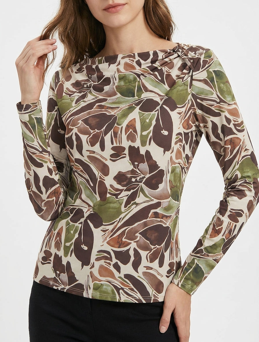 Top floral à encolure bateau - Marron
