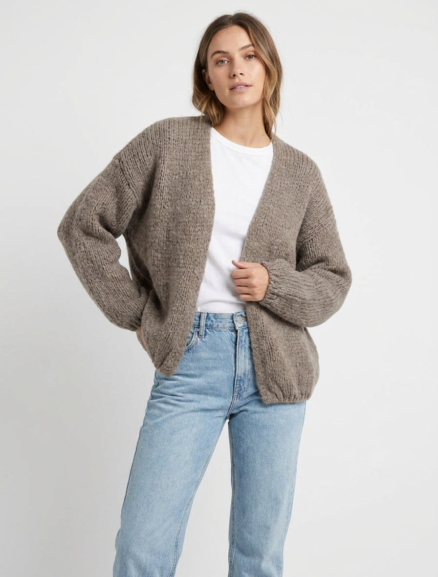 Gilet ouvert maille ajourée col droit - Taupe