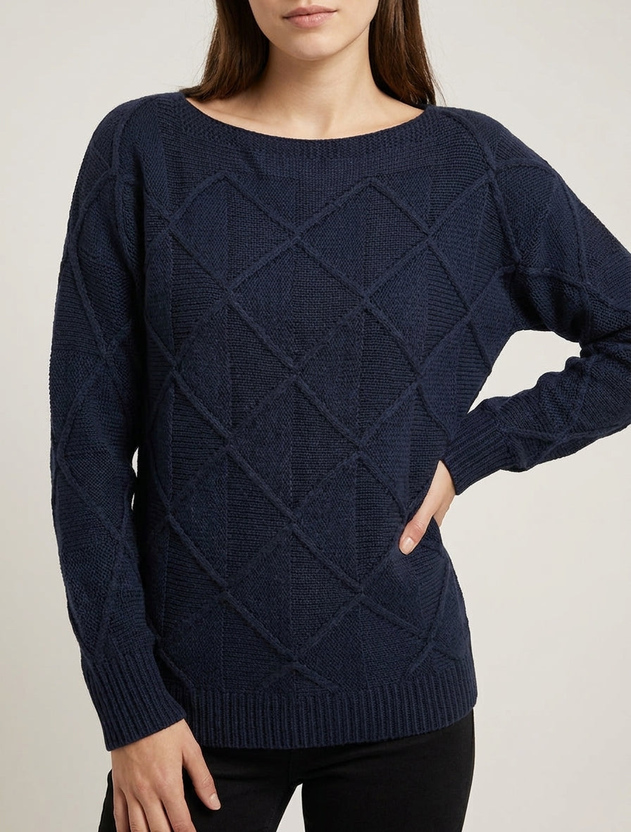 Pull ample maille quadrillée - Marine