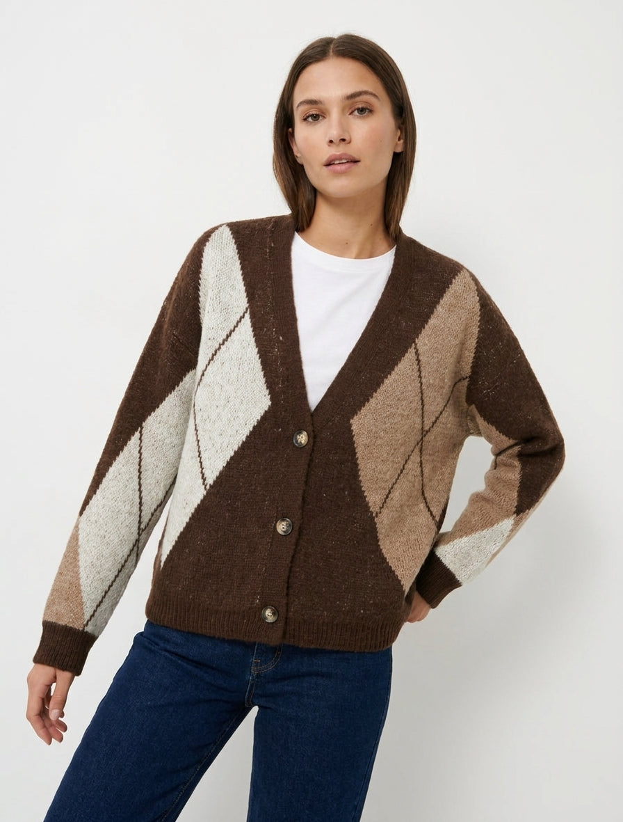 Gilet ample col V jacquard - Marron