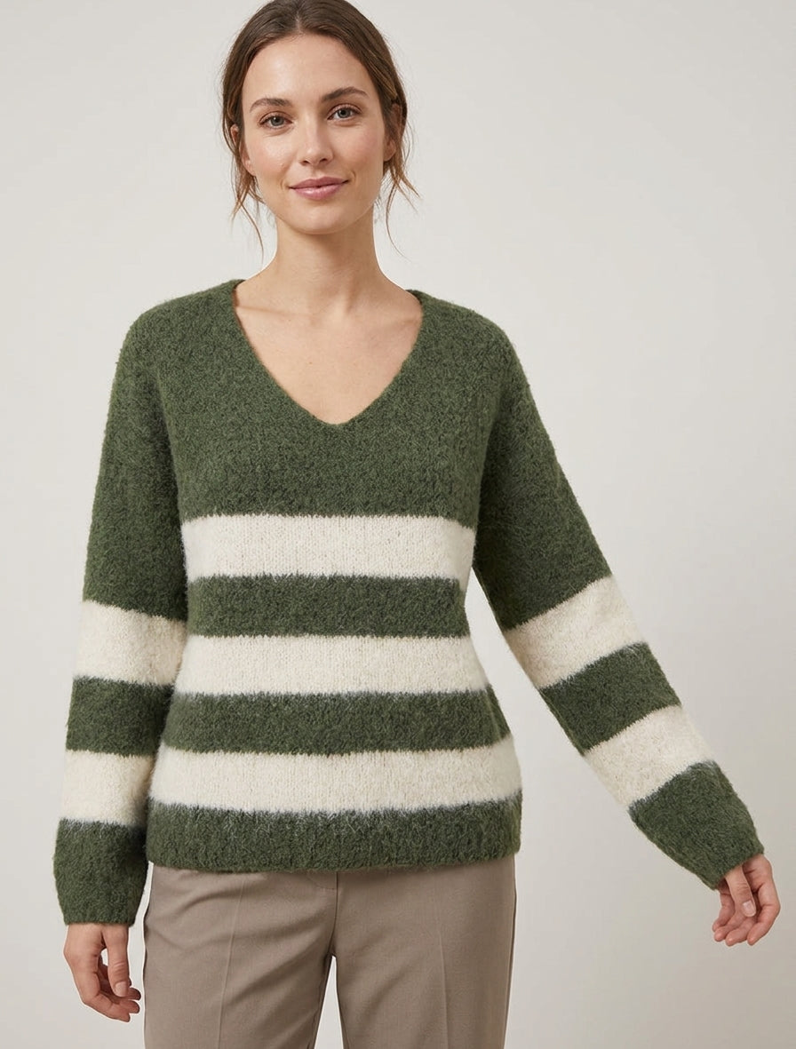 Pull rayé en maille à col V - Kaki