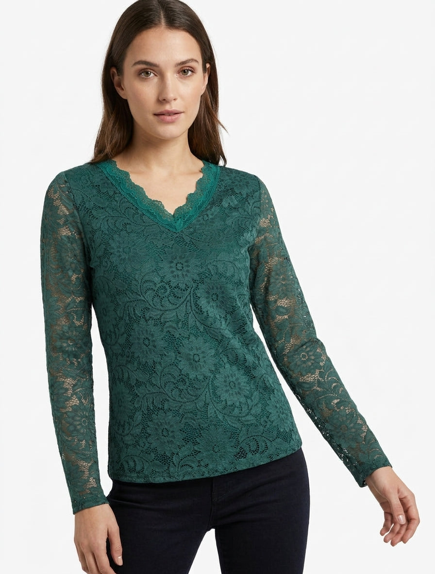 Top dentelle manches longues - Vert sapin