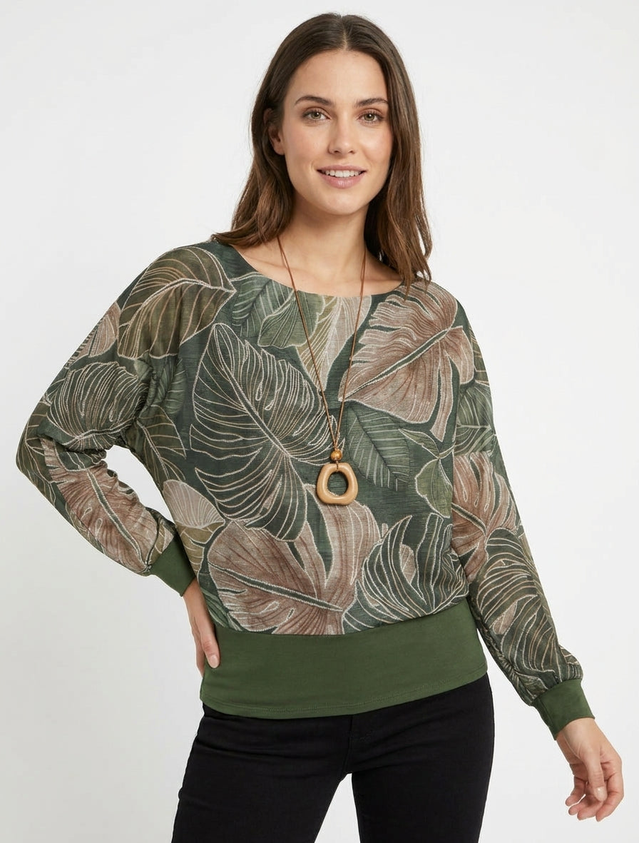 Top irisé coupe boule imprimé tropical - Kaki