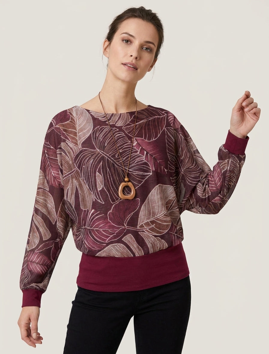 Top irisé coupe boule imprimé tropical - Lie de vin