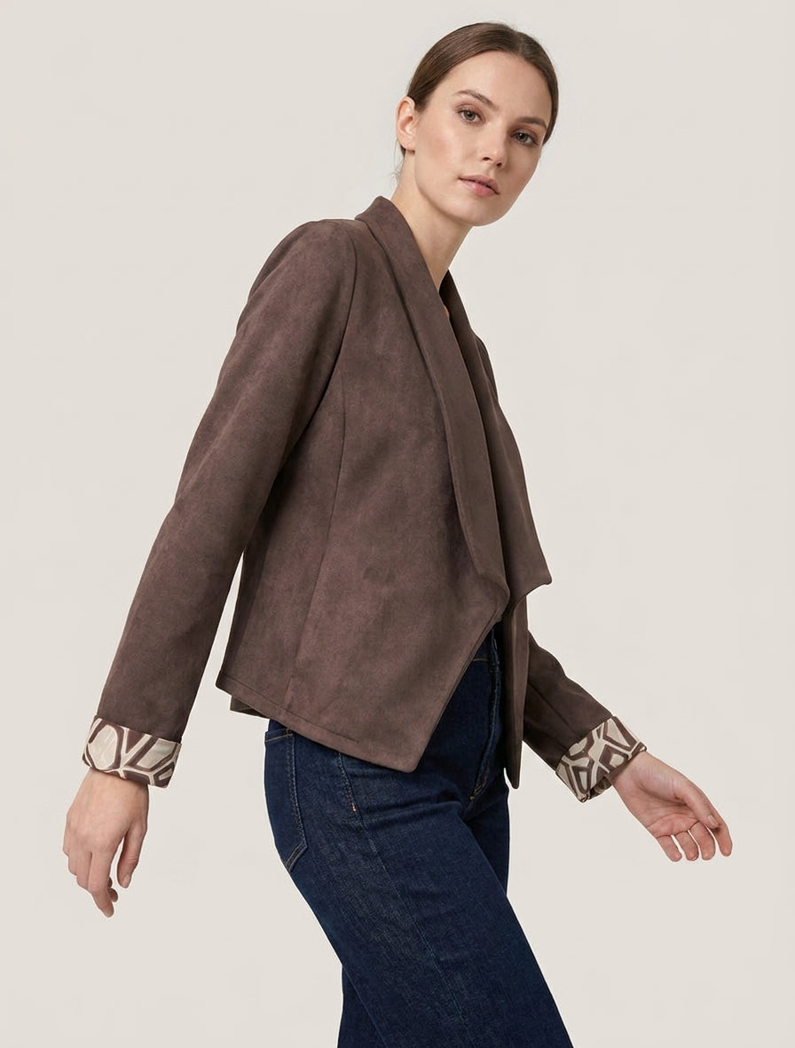 Veste suédine col châle imprimé - Marron