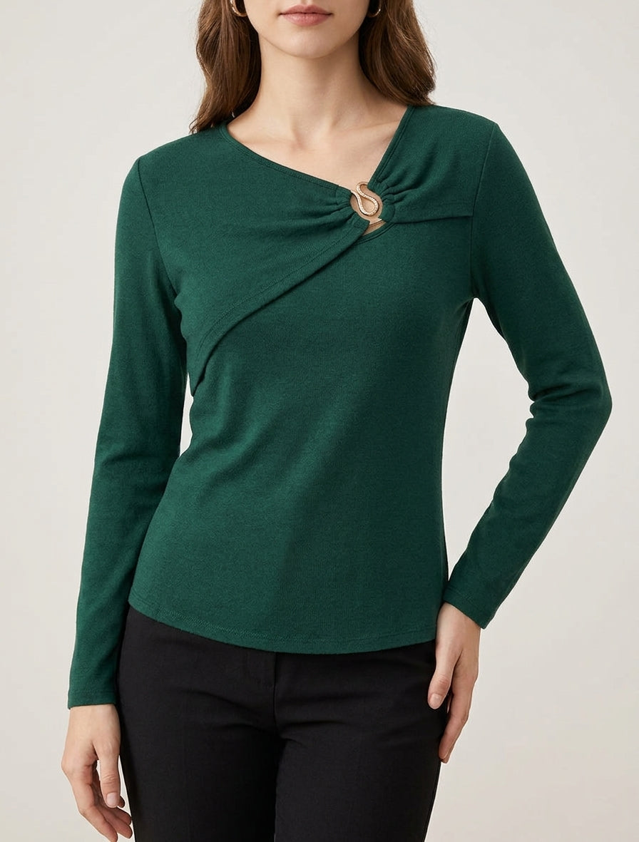 Pull fin droit col froncé bijou - Vert foncé