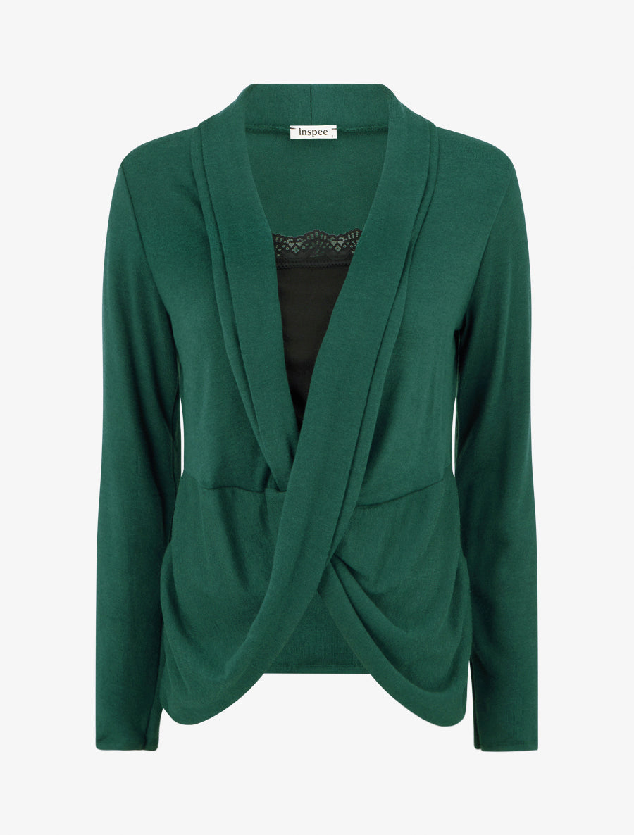 Pull style gilet effet torsader avec doublure à dentelle - Vert foncé/noir - 1