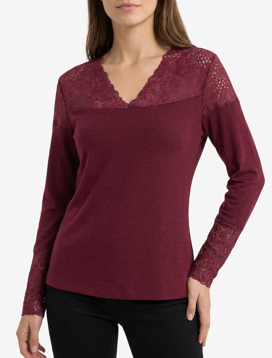 Pull fin col V dentelle - Lie de vin
