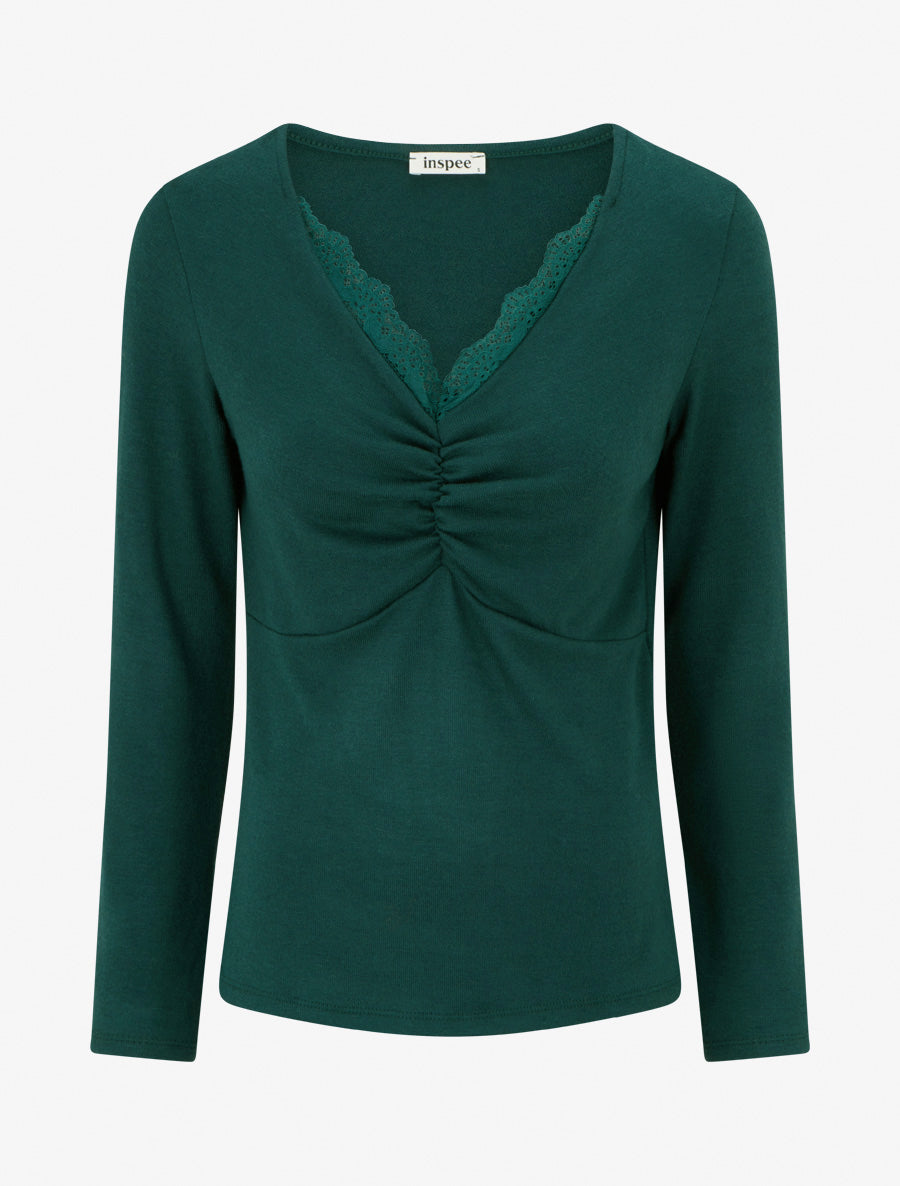 Pull fin à col V en dentelle - Vert foncé - 1