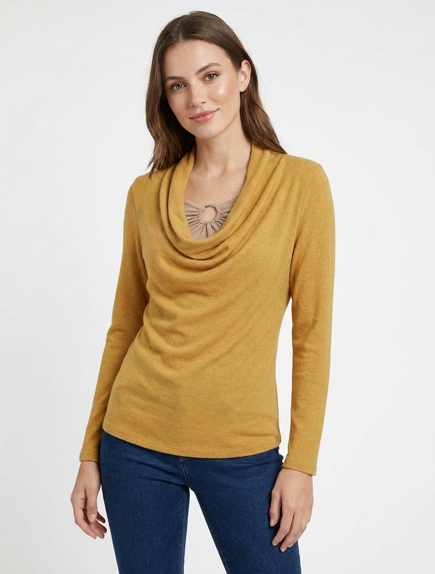 Pull droit col bénitier à bijou - Moutarde/beige
