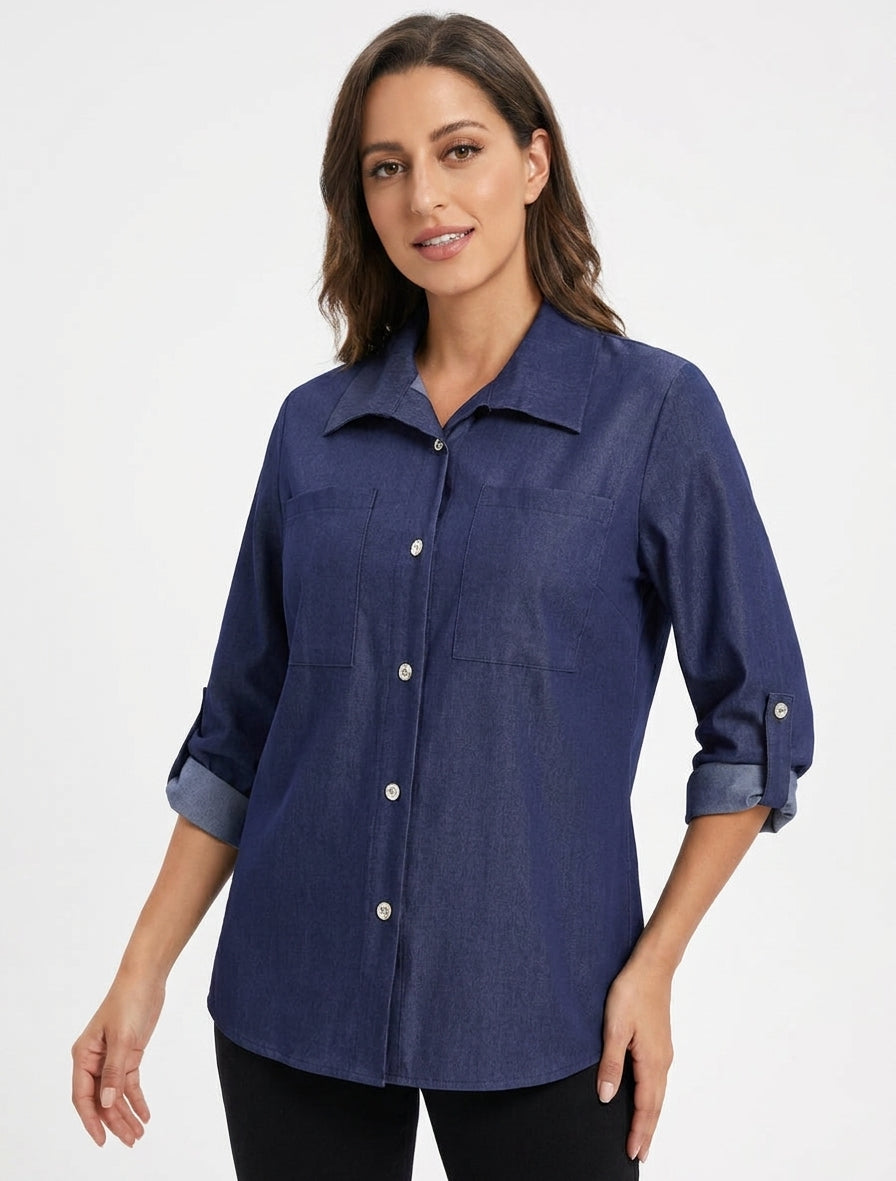 Chemise droite col à pied manches longues - Bleu denim