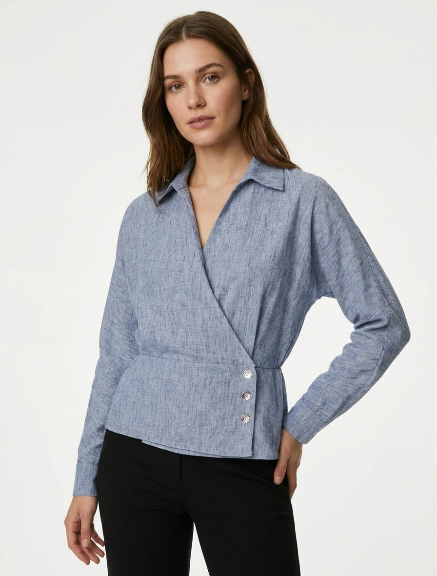 Blouse dos élastiqué à pan boutonné - Bleu chiné
