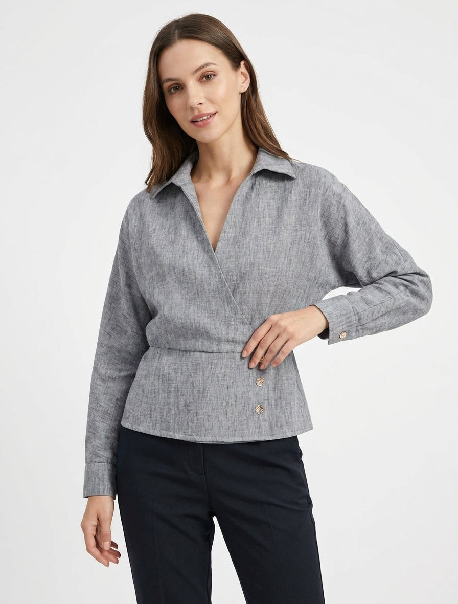 Blouse à col cache-cœur et dos élastiqué - Noir chiné