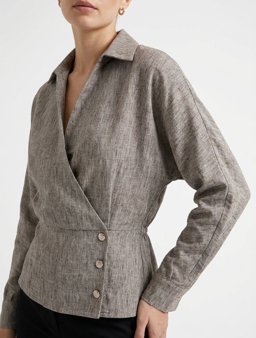 Blouse cache-cœur à dos élastiqué - Marron chiné