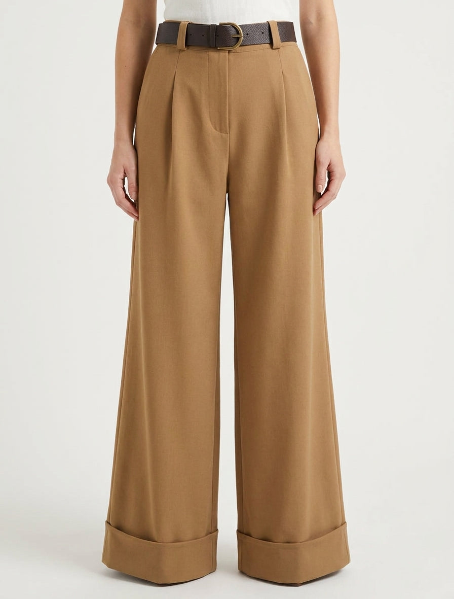 Pantalon ample ceinturé - Camel