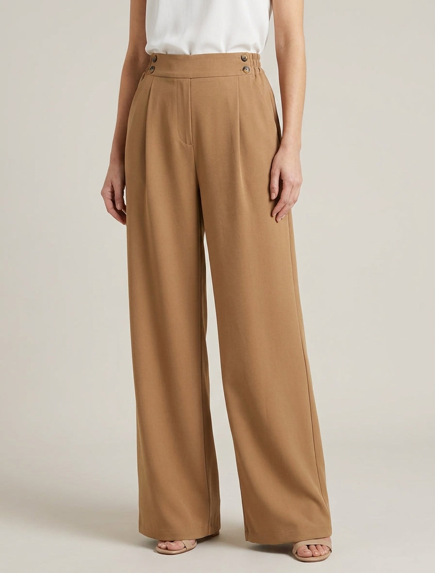 Pantalon fluide à taille élastiquée - Camel