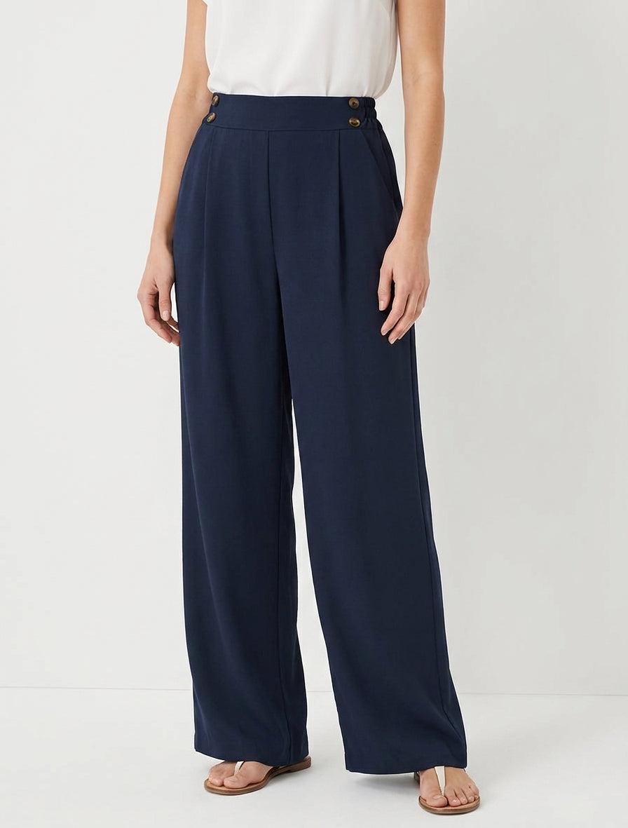 Pantalon ample fluide à taille élastiquée - Marine