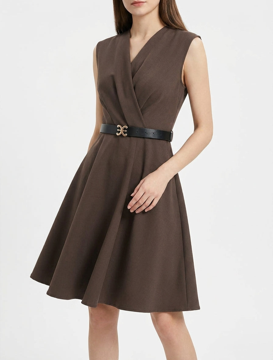 Robe patineuse ceinturée cache-cœur - Marron