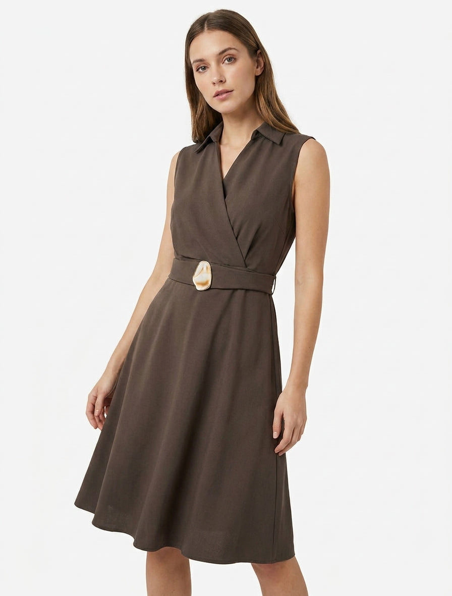 Robe patineuse col cache-cœur - Marron