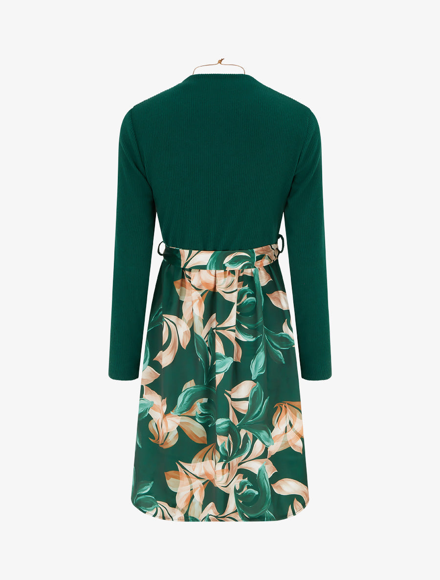 Robe bimatière à imprimé feuillage stylisé - Vert foncé - 2