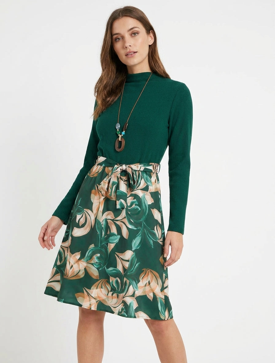 Robe bimatière col montant à ceinture - Vert foncé