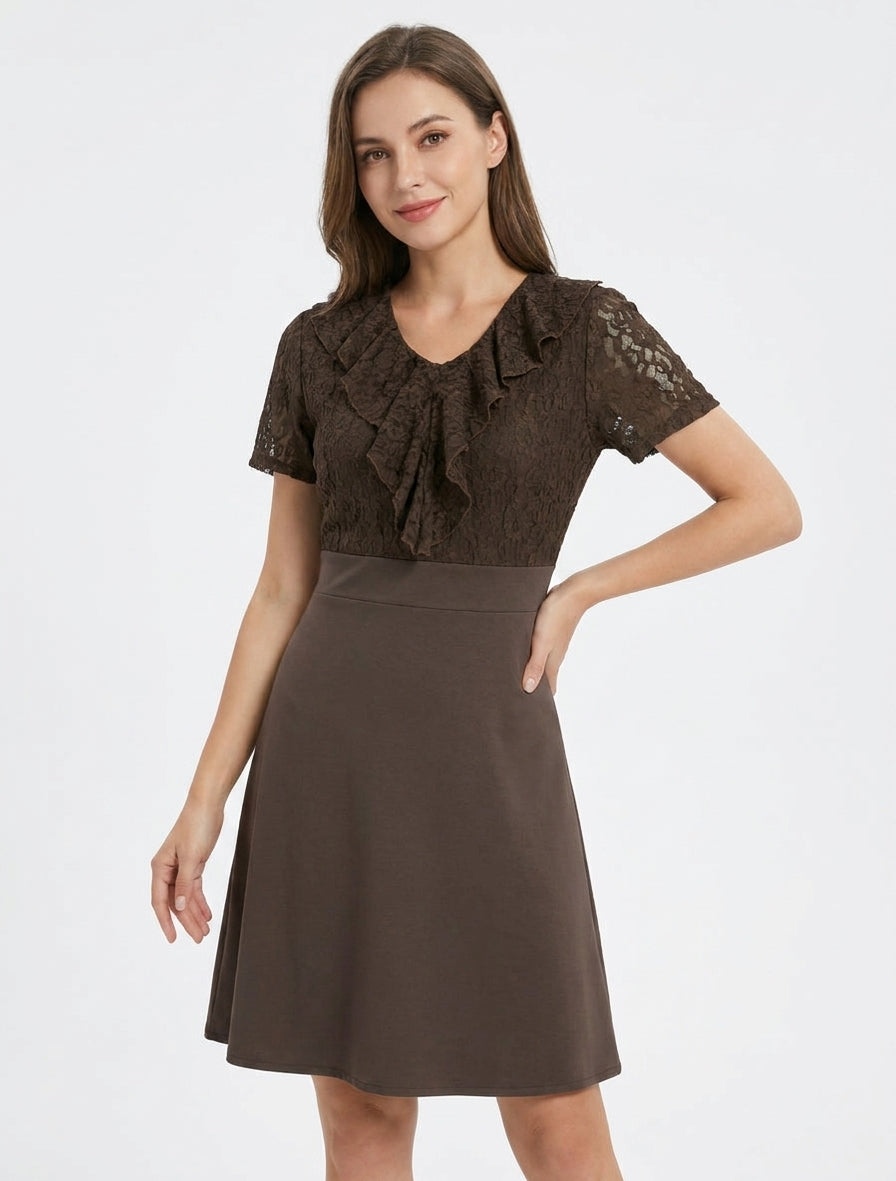 Robe droite col V en dentelle - Marron
