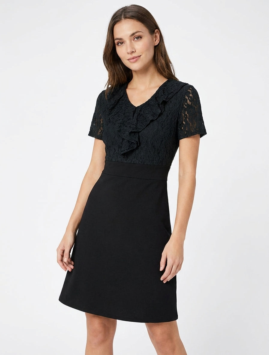 Robe droite col V en dentelle - Noir